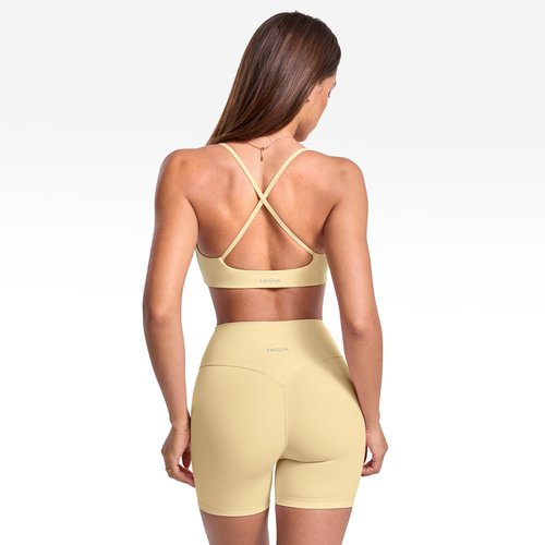 INGIA Women's Low Scoop Neck Sports Bra Spaghetti Criss Cross Strap Padded Workout Yoga Bra Crop Top Butter Small