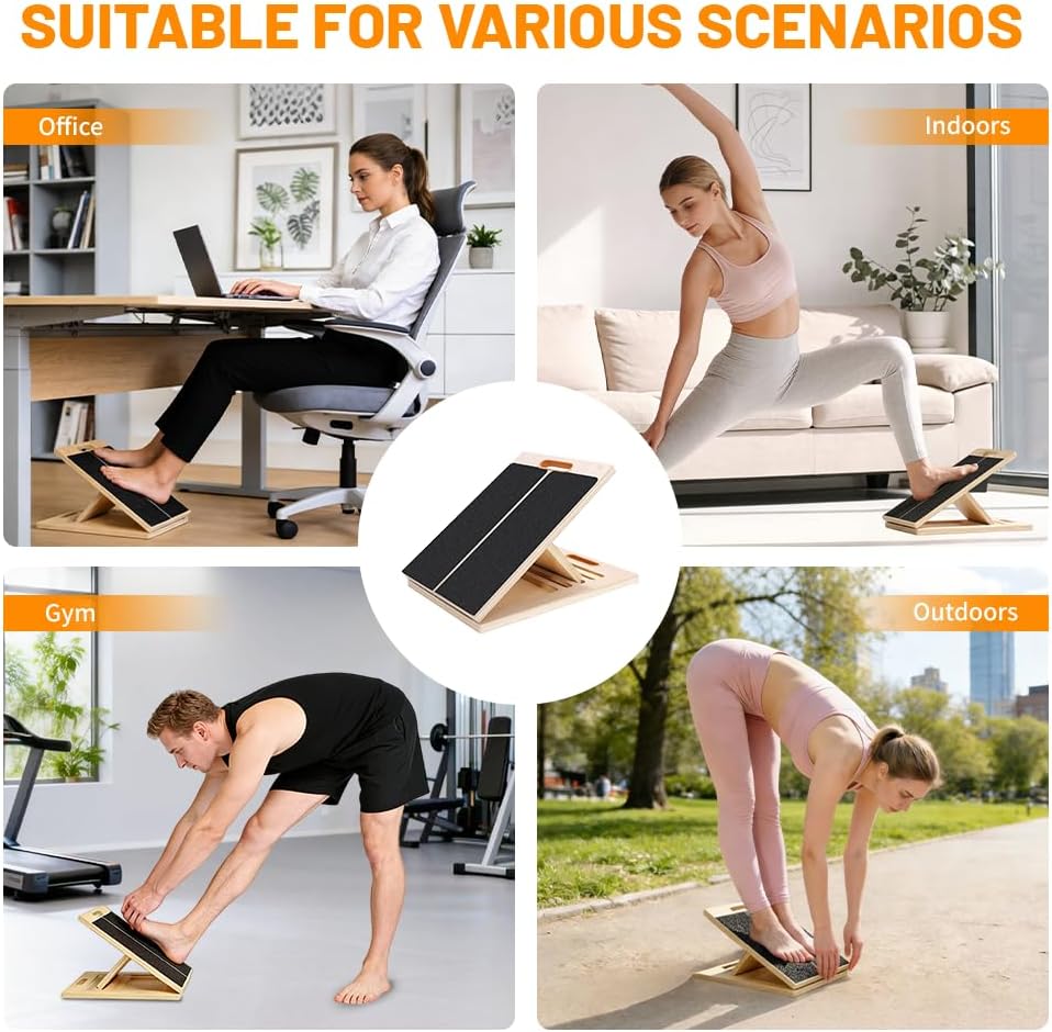 Skiennix Adjustable Wooden Slant Board - 5-Angle Foldable Calf Stretcher & Squat Wedge, 350 lb Capacity
