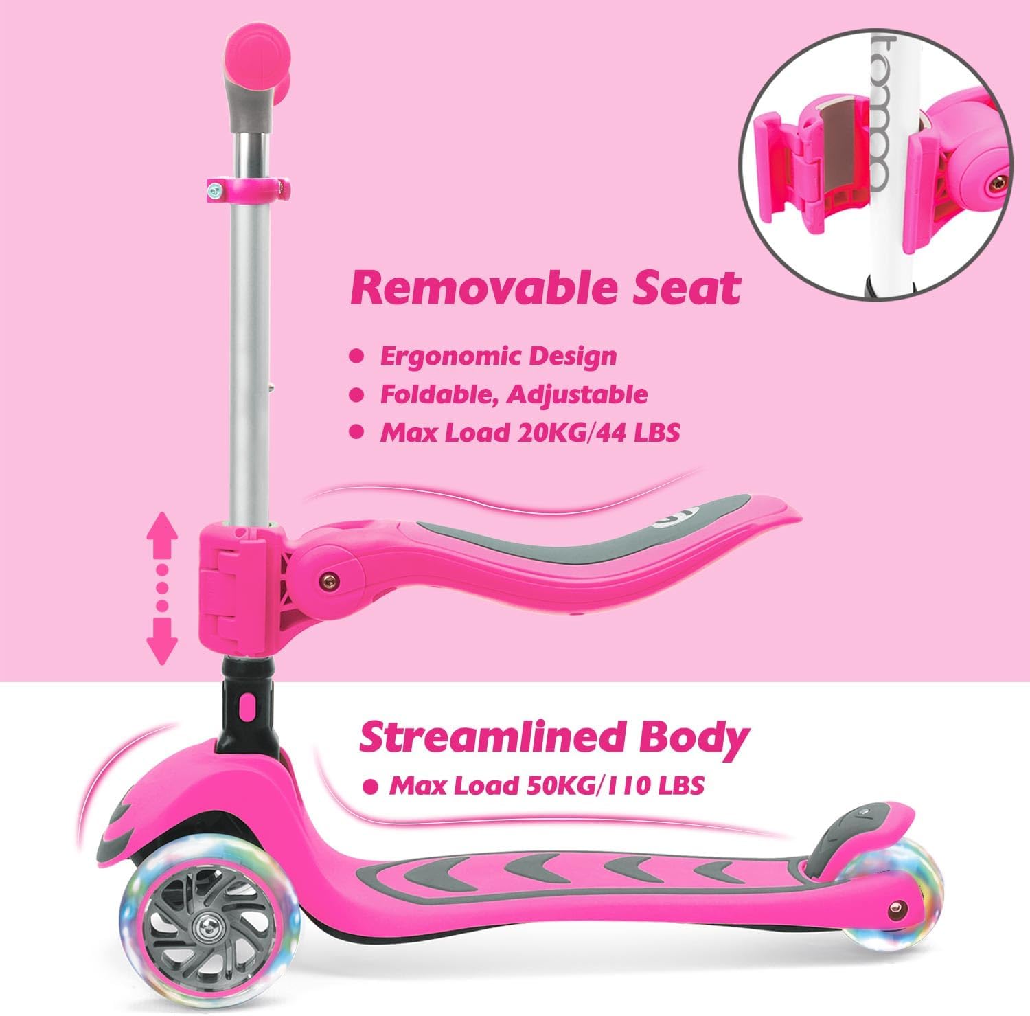 Stompa 2-in-1 Light Up Scooter for Kids | Adjustable Handlebar & Foldable Seat | Ages 3-8
