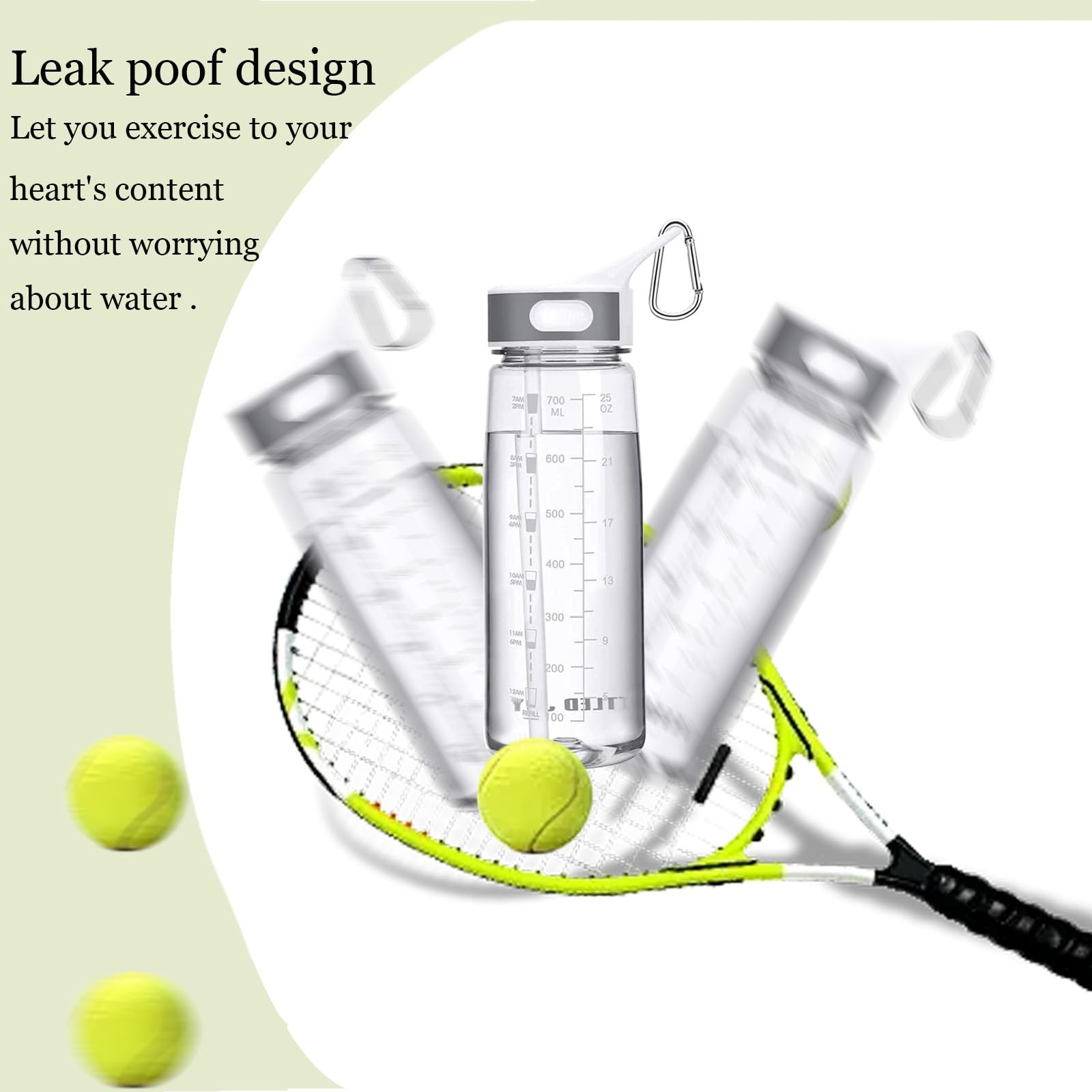 Louis Donné Water Bottle with Stra, 28oz Sports Water Bottle with Time Marker and Tritan, BPA Free and Leakproof, For Bottled Joy Sports Jug, Water Bottle with Carabiner For Fitness, Yoga (Clear)