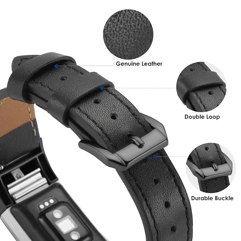 Leather Band for Fitbit Charge 2 - Simpeak Genuine Leather Wrist Strap, Black