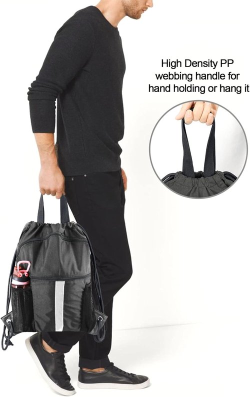 BeeGreen Drawstring Backpack - X-Large Black Gym Bag with Shoe Compartment for Sports