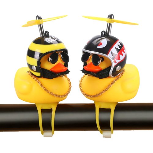 2 Pack Rubber Duck Car Ornaments, Yellow Duck Car Dashboard Decorations Squeeze Duck Bicycle Horns with Propeller Helmet,Bandage and Gold Chain (Bee&Shark)