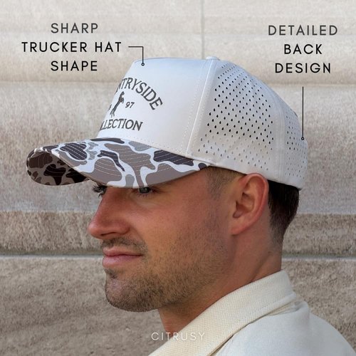 Athletic Trucker Golf Hat | Performance Mens 5 Panel Hat | Cool Breathable Waterproof Sweat Proof Workout Running Cap | Golf A Frame Rope | Snapback Adjustable Hat (Countryside Collection | Duck Camo)
