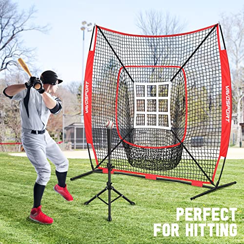Baseball Net Set with Batting Tee & Ball Caddy - Portable Softball & Baseball Practice Equipment - Red