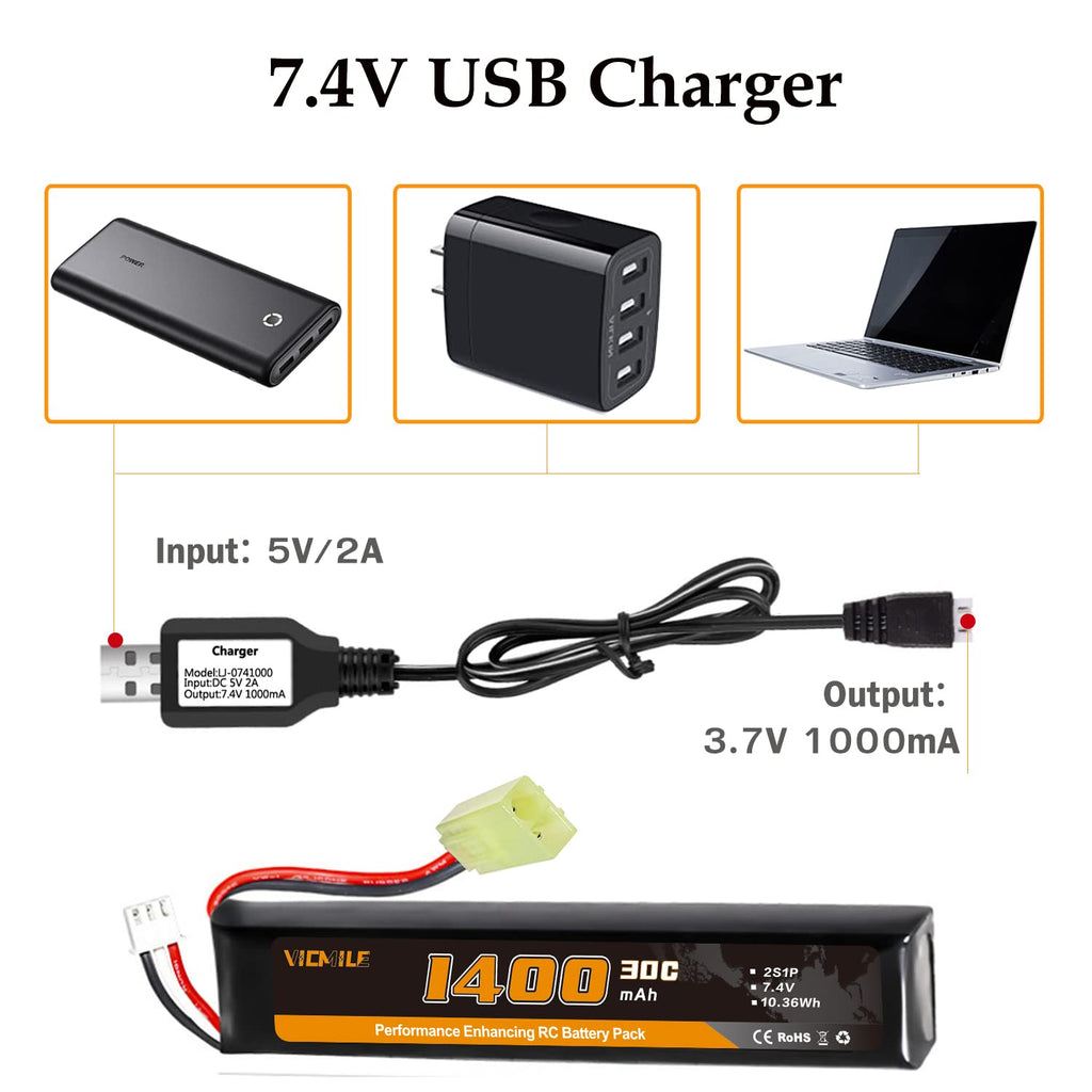 VICMILE Airsoft Battery 1400mAh 7.4V Lipo Battery with Tamiya Plug 30C High Discharge Rate Rechargeable 2S Lipo Battery for Airsoft Model Guns