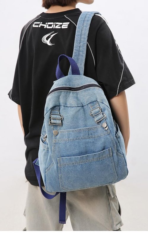 KAOBIO Denim Backpack for Women Men Casual Y2k Grunge Aesthetic Canvas Daypack Lightweight Rucksack Durable Jeans Bag (Light Blue)