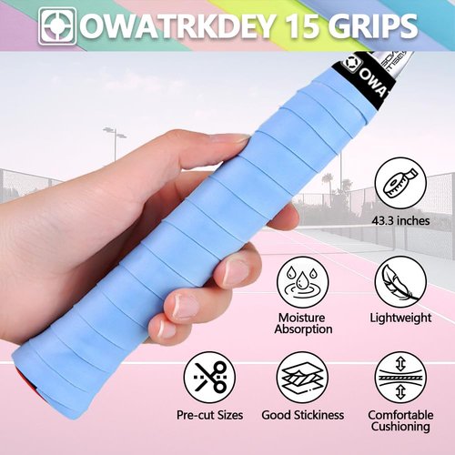 15 Pack Tennis Racket Grip Tape, Precut PU Anti-Slip Tennis Racquet Grip Tape with Dry Feel, Sweat Absorption, Comfortable Handle Overgrip Grip Wrap for Tennis/Badminton/Pickleball (Multi Color)