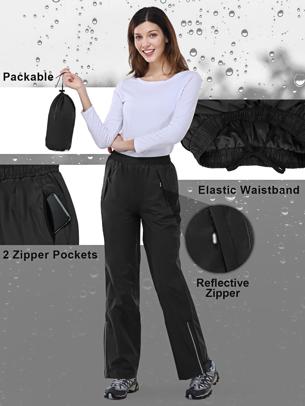Outdoor Ventures Women's Rain Pants Packable Waterproof Hiking Pants Windproof Breathable Outdoor Rain Over Pants Black