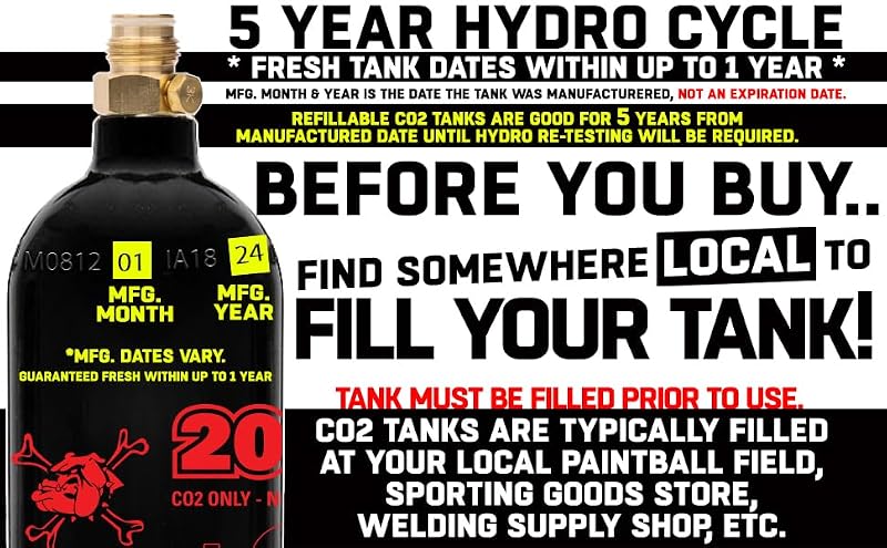 20 Oz Refillable Aluminum CO2 Paintball Tank - Industry-Standard Repeater Valve, Ships Empty