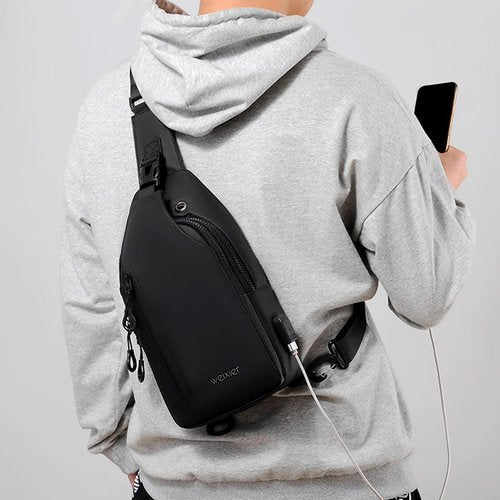 Hjkiopc Waterproof Sling Bags Mens Anti-theft Shoulder Crossbody Backpack with USB Charging Port& Headphone,Outdoor Lightweight Bag (Black)