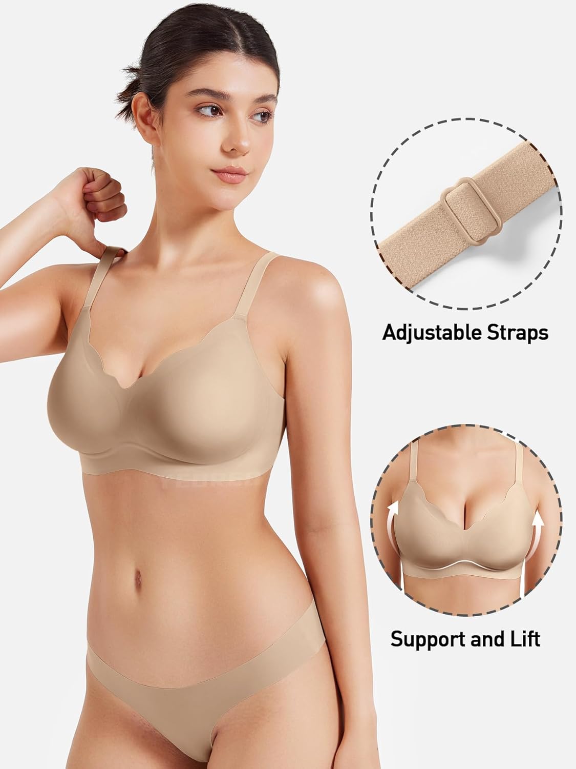 YEOREO Wireless Push-Up Bra - Full Coverage Seamless Comfort Bralette | Scalloped Design, No Underwire