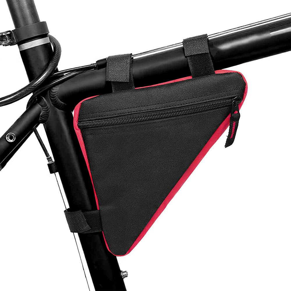 QWEQWE Bike Triangle Frame Bag - Bike Bicycle Storage Top Tube Bag Pack Triangle Pouch Road Mountain Cycling Strap Saddle Bag for Road Bikes Mountain Commute Bikes, Black/Red