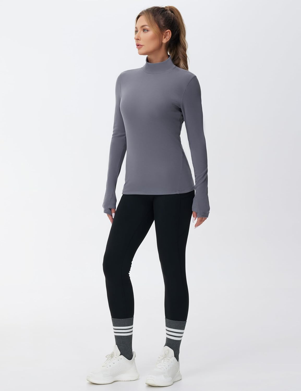 The Gym People Women's Fleece Thermal Mock Turtleneck Long Sleeve Pullover Top - Thumb Hole Design