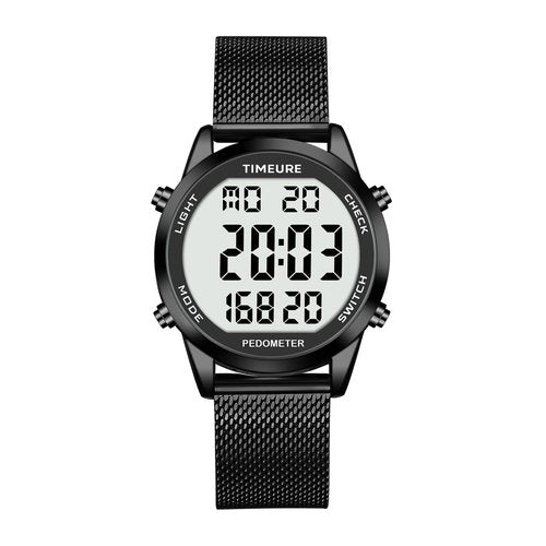 TIMEURE Men's Pedometer Watch with Stainless Steel Bracelet, Step Counter Watch, No App, No Charging Needed for Outdoor Walking, Calorie, Distance, Alarm, Countdown Timer TU-2306B