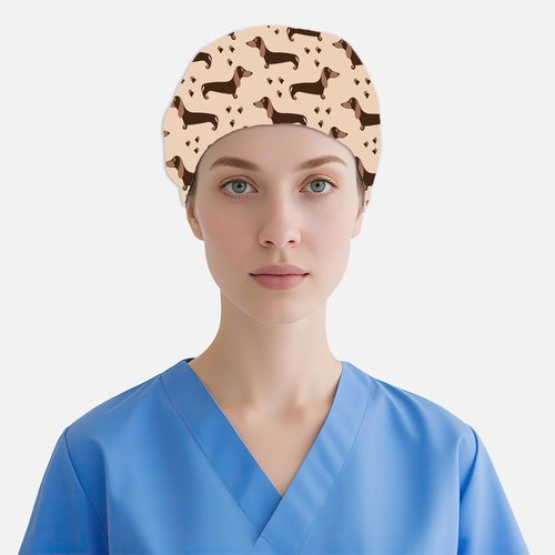 Cute Dachshund Unisex Scrub Cap with Sweatband – Adjustable Tie Back Surgical Hat for Men and Women, 2 Pcs Working Nurse Cap
