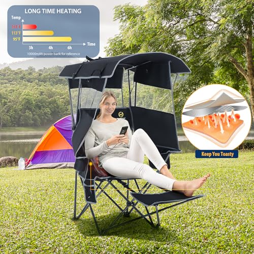 Heated Camping Chair with Canopy & Footrest - Black & Grey 1 Pack