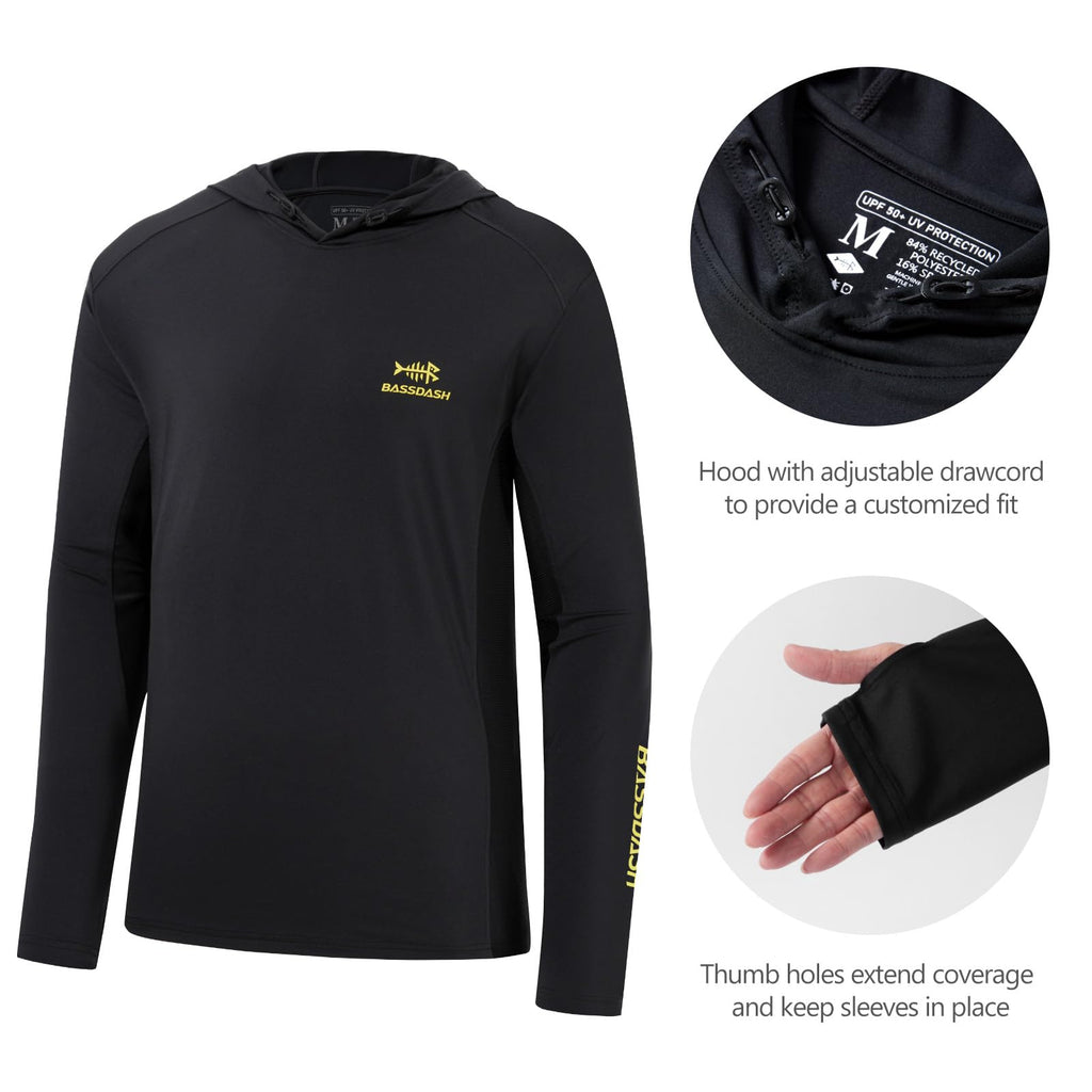 BASSDASH Men’s UPF 50+ Drawstring Fishing Hoodie Shirts UV Sun Protection Long Sleeve Outdoor Hiking Hooded T-Shirts FS33M