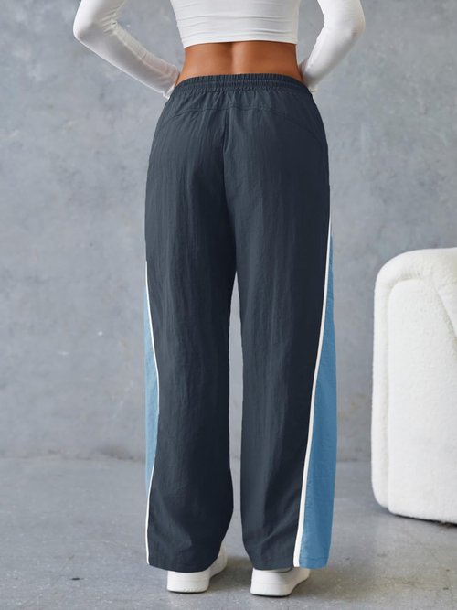 Fisoew Women's Baggy Wide Leg Track Pants Casual Drawstring Elastic Waisted Color Block Workout Y2K Active Pants Navy