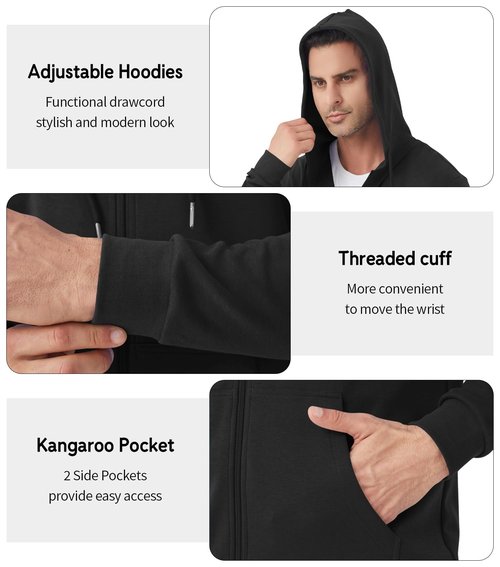 Idtswch Mens Tall Lightweight Hoodies Zip Up Sweatshirt Slim Fit Jacket Black