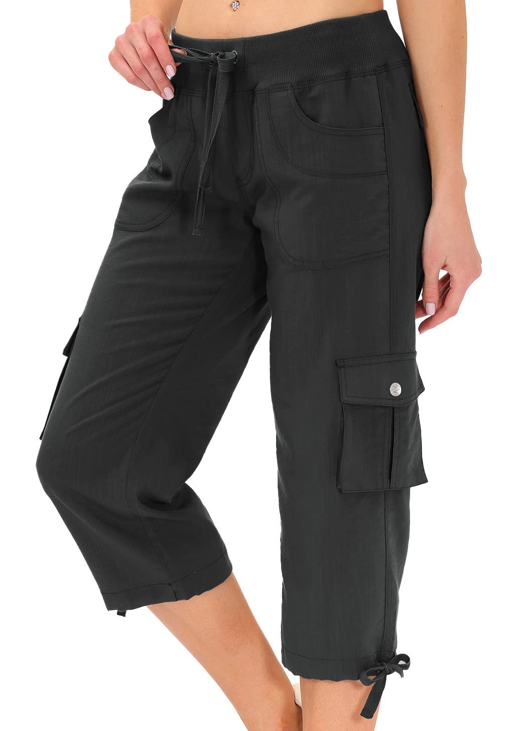 MoFiz Womens Capris with Pockets Loose Fit Casual Capri Pants Dressy Lightweight Ladies Baggy Cargo Pants for Hiking Dark Grey L