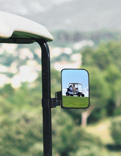 KEMIMOTO No Drilling Golf Cart Side Mirrors, Universal Rear View Mirror for 0.75"-1.25" Square Rail, Folding Design Compatible with EZGO, Club Car, Drive2, ICON, Black