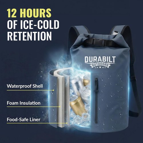 DURABILT Backpack Cooler Insulated Waterproof – 24 Cans, Leak Proof Heavy Duty Soft Sided Cooler Backpack, Dry Bag Roll Top Sack, 14 Cans + Ice, Gear Dry for Hiking, Beach, Camping, Fishing & Kayaking