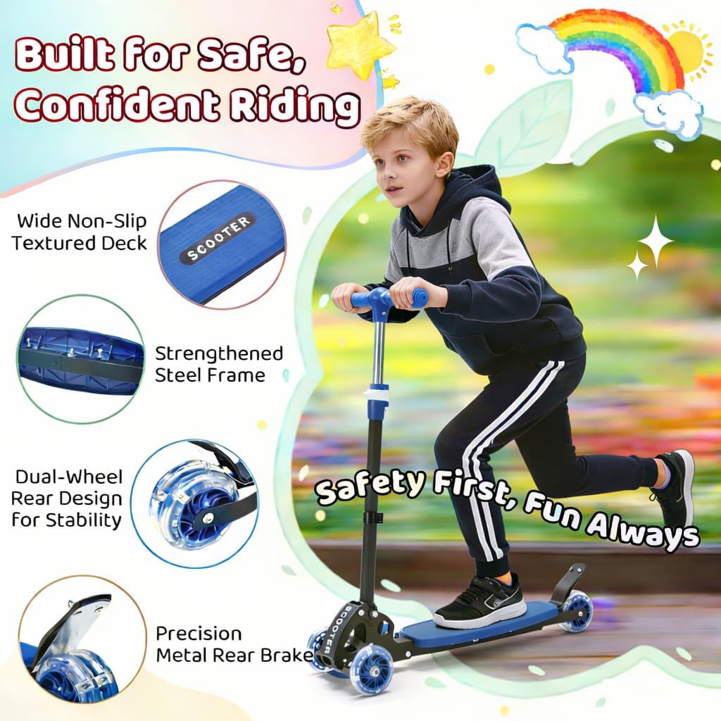 Skiennix Kick Scooter for Kids | Adjustable 28"-32" Handlebar, Light-Up Wheels, Anti-Slip Deck