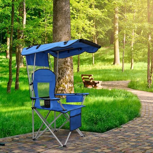 BDL Sky Blue Camping Chair with Canopy, Cooler & Mesh Backrest - Portable Foldable Outdoor Seat