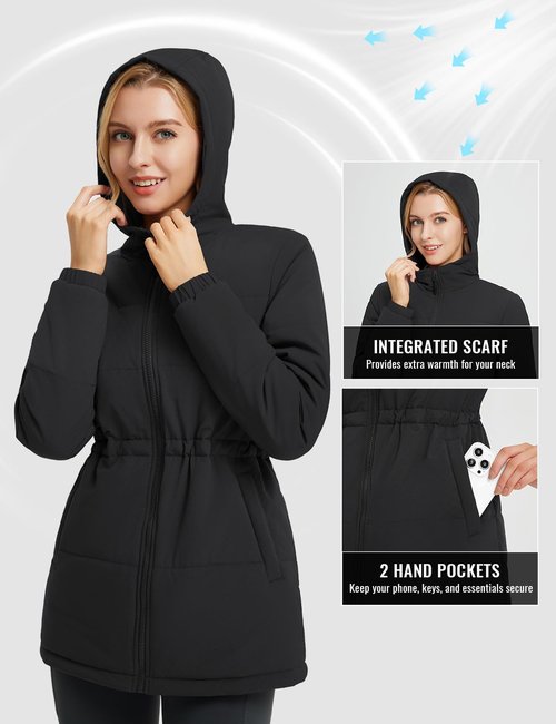 baleaf Women's Winter Coat Long Puffer Jacket Quilted Jackets with Hood Warm Running Insulated Hiking Snow Black XL