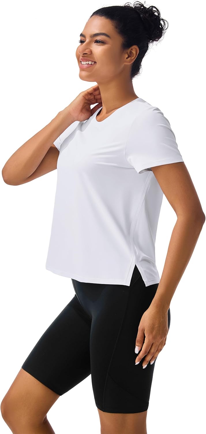 Skiennix Ice Silk Women's Short Sleeve Workout Shirt - Loose Fit with Side Slits | Athletic Tee Top