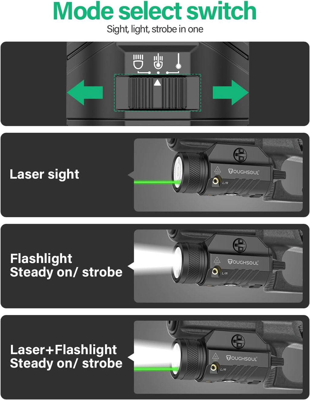 TOUGHSOUL Pistol Light - 1200 Lumens Green Laser & White LED Flashlight | Rechargeable Battery