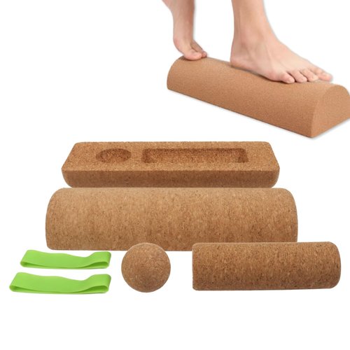 KIMPOK Cork Balance Beam Complete Set, Integrated Foot & Ankle Stability System with Roller, Massage Ball & Toe Resistance Bands for Yoga & Recovery
