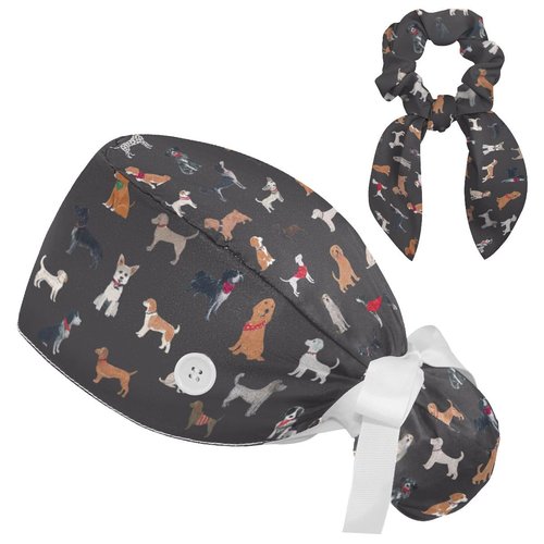 Scrub Caps Women, Surgical Caps with Buttons, Ponytail Nurse Hat, Bouffant Scrub Hats with Hair Scrunchy Adjustable Veterinary Surgery, Dogs Cartoon Animal Cute Vintage Lovely Grey