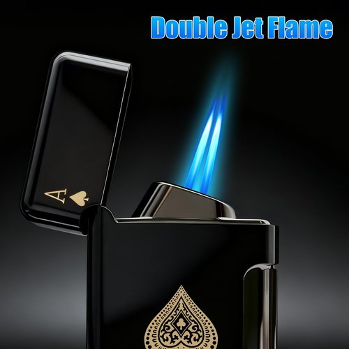 2 Pack Torch Lighter, Classic Pocket Ace Lighters with Gift Box for Men, Visible Window, Adjustable Dual Jet Torch, Refillable Butane Lighters for Travel, Outdoors(Without Butane)
