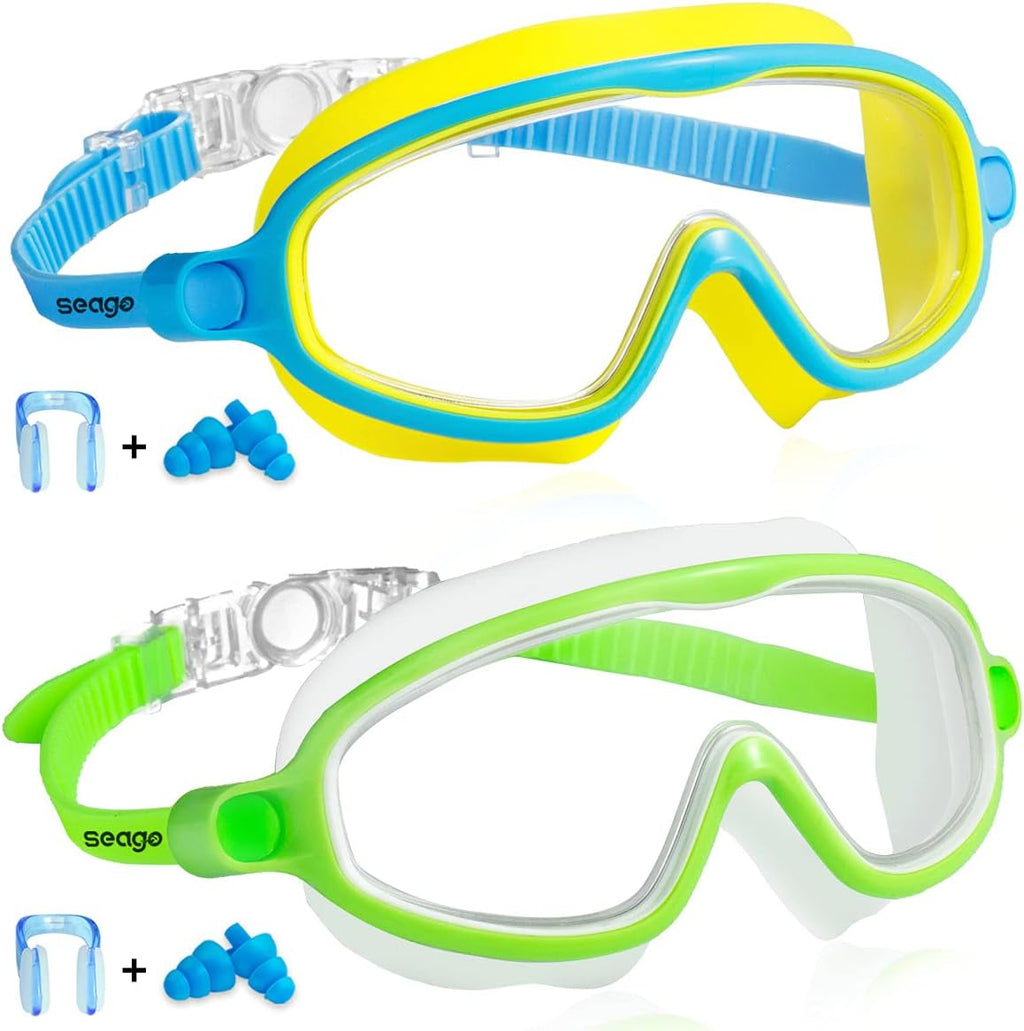 Seago Swim Goggles - Anti-Fog & Anti-UV Wide View Design for Kids Ages 3-14 | 2 Pack