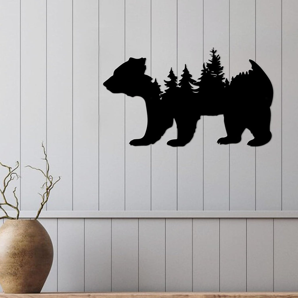 Resama Metal Wall Art - Rustic Pine Tree & Bear Decor for Living Room | Indoor/Outdoor Wilderness Design (Black)