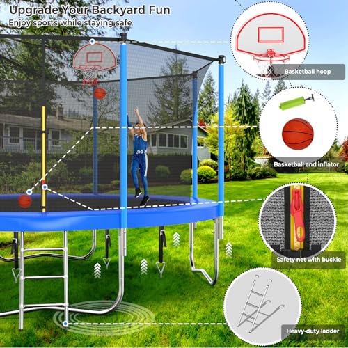 Lyromix 12ft Cobalt Blue Outdoor Trampoline with Lights, Sprinkler & Basketball Hoop
