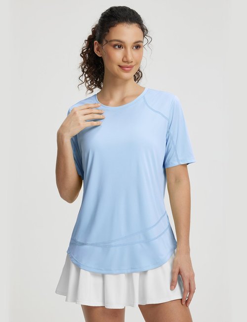 baleaf Women's Short Sleeve Sun Shirt UPF 50+ Quick Dry Workout Tops Lightweight UV Protection Shitrs Hiking Running Athletic Light Blue L