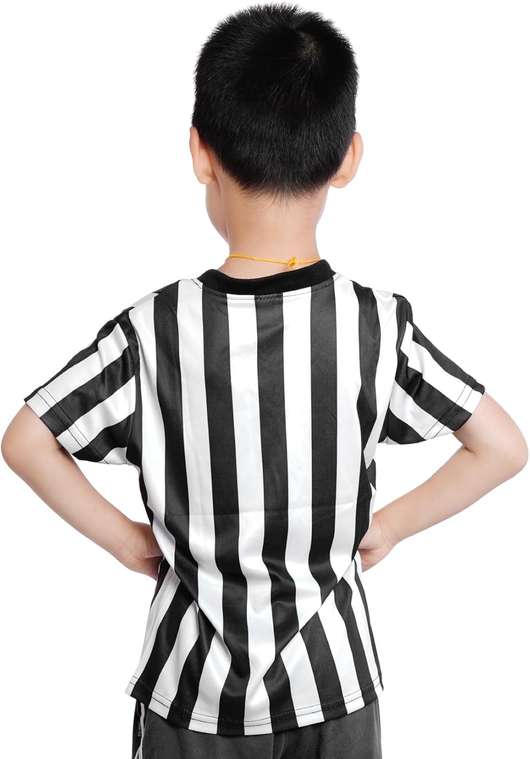 obmwang Kids Referee Shirt Costume, Black and White Stripe V Neck Referee Shirt, Yellow Penalty Flag and Whistle