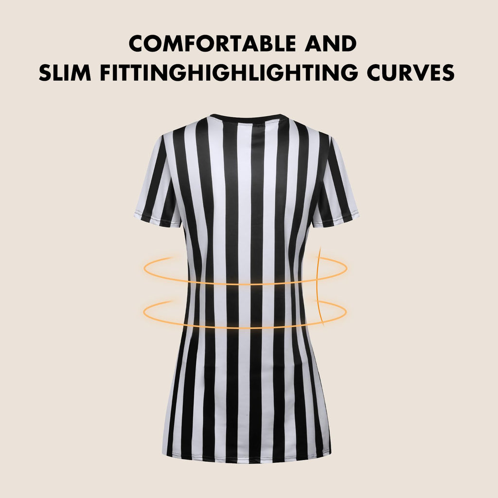 redgino Women's Referee Shirt Dress Official Black and White Stripe Ref Umpire Jersey for Basketball Football Hockey Halloween Costume & Waitresses V-Neck M