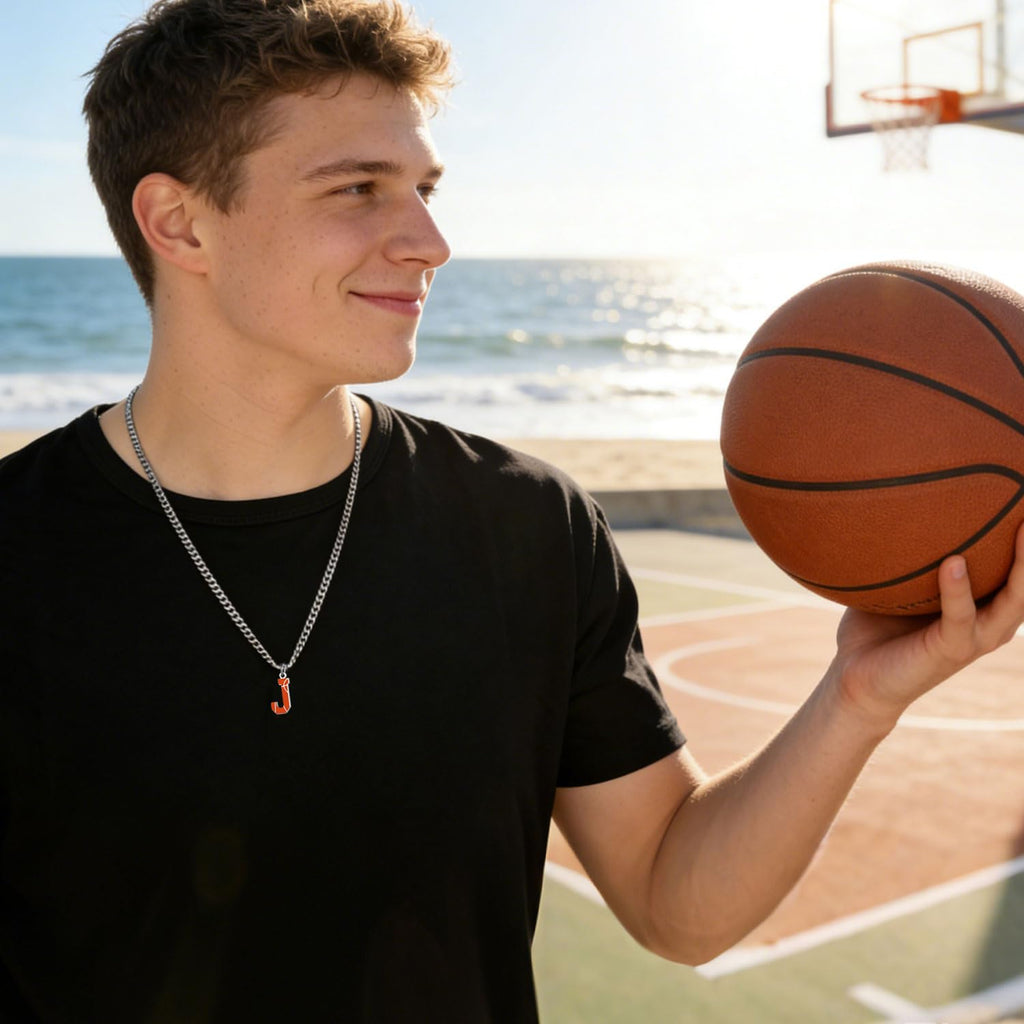 AIAINAGI Basketball Initial A-Z Letter Necklace for Men Basketball Charm Pendant Stainless Steel Silver Chain 22 inch Personalized Gift for Men(J)