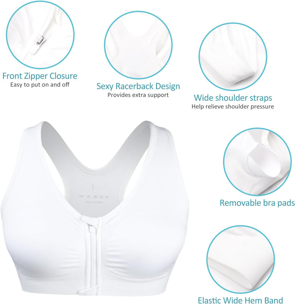 Skiennix Women's Zip Front Sports Bra - Wireless Post-Surgery Support for Yoga & Fitness