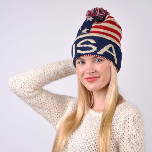 Selini New York USA Winter Hat - Knit, Cuffed Beanie with Pom Pom, USA Flag Design, Warm Fun for Cold Days