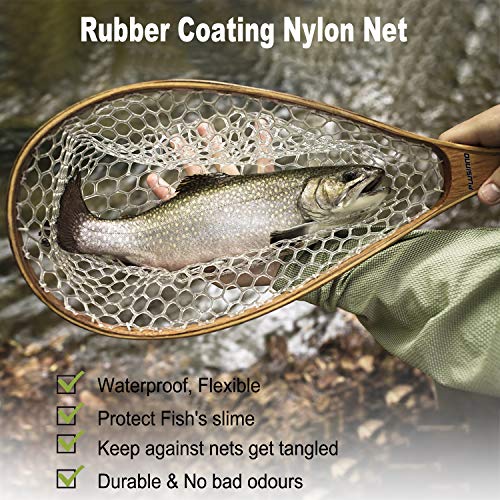 PLUSINNO Fly Fishing Landing Net Wooden Handle with Magnetic Release - Straight Handle