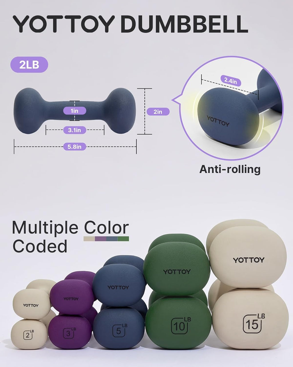 YOTTOY Dumbbell Set for Women - 2 to 15 Pound Non-Slip Hand Weights for Home Workouts | Portable Neoprene