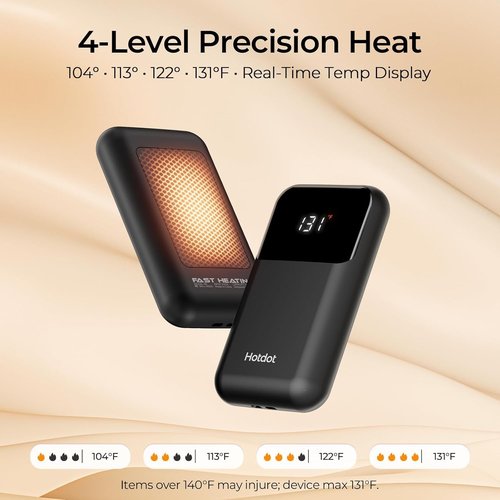 Hotdot Rechargeable Hand Warmers - 2 Pack with 4 Heat Levels & Real-Time Temp Display | Fast Heating, Fits in Gloves or Pocket
