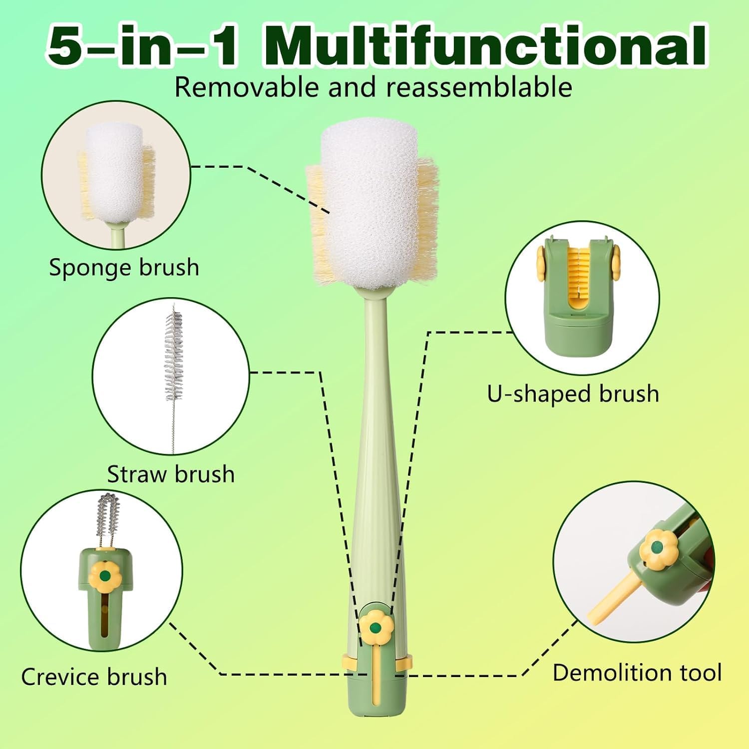 Skiennix 5-in-1 Bottle Cleaning Brush Set - Multifunctional Kitchen Lid Scrubber with Long Handle | 2 Pack