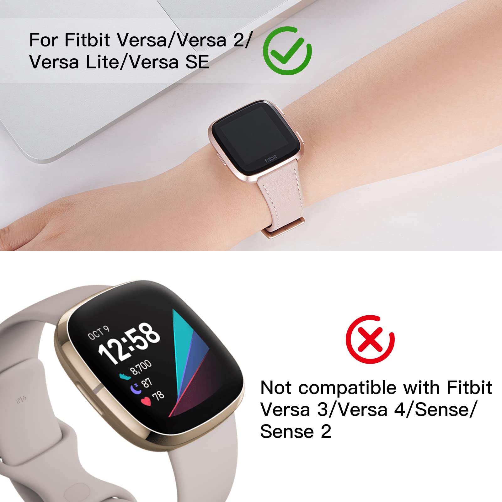 WFEAGL Leather Band for Fitbit Versa - Top Grain Leather Replacement Strap (Brown + Silver Buckle)