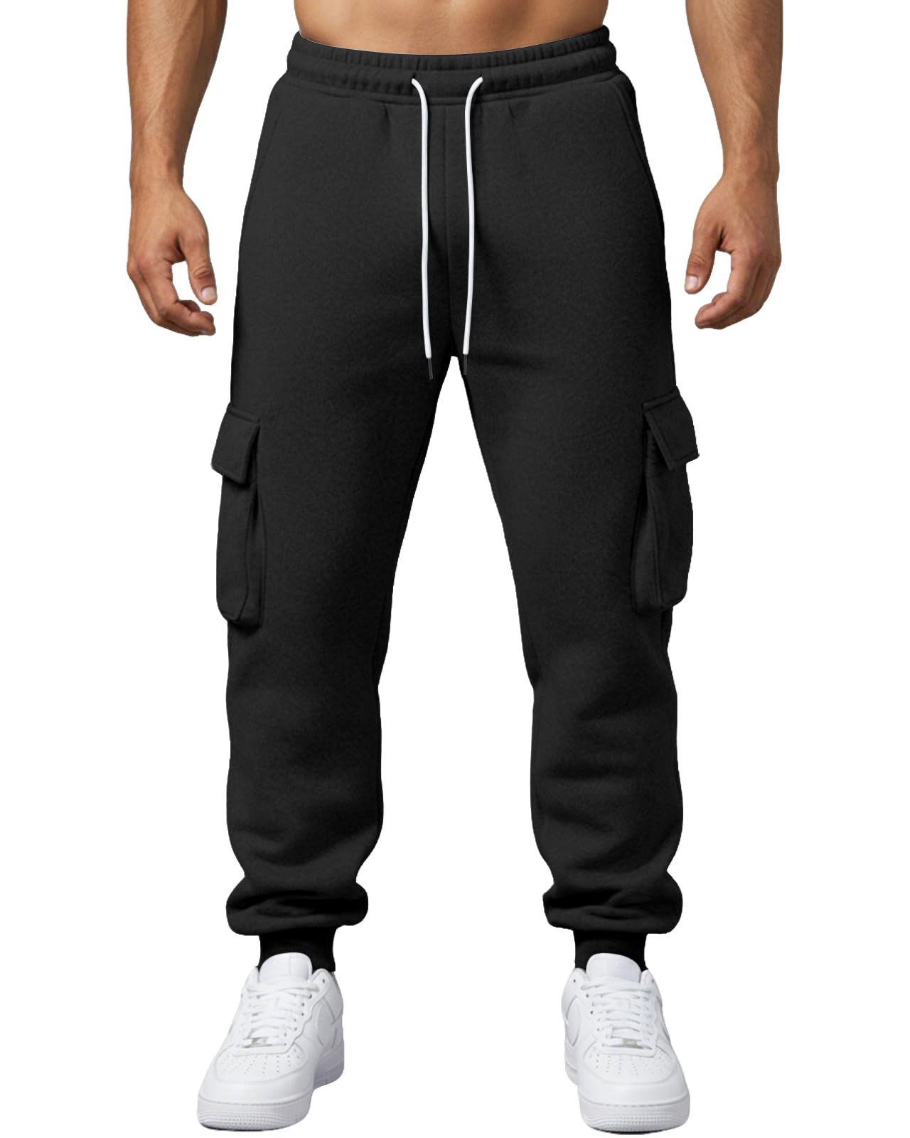Wangdo Mens Cargo Sweatpants Heavyweight Elastic Waist Fleece Lined Joggers for Men with Pockets Baggy Drawstring Track Pants Black